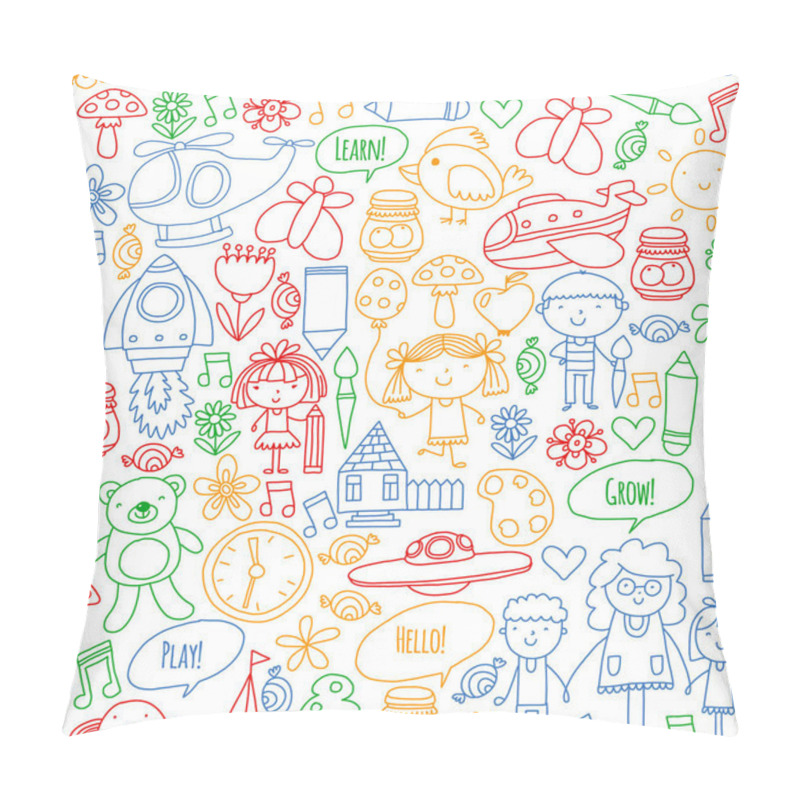 Personality  Vector Icons And Elements. Kindergarten, Toys. Little Children Play, Learn, Grow Together. Pillow Covers