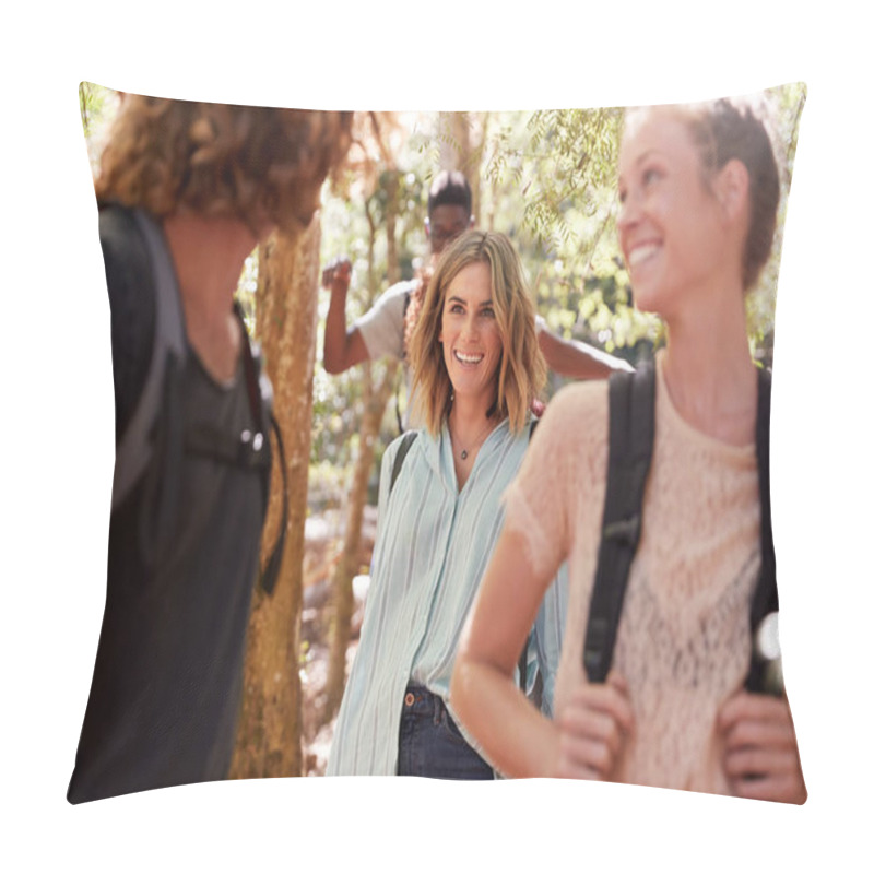 Personality  Young Adult Friends Talking As They Hike Through A Forest Together, Close Up Pillow Covers