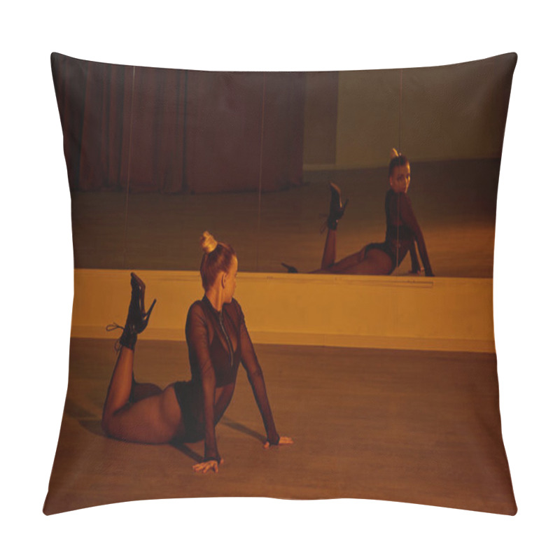 Personality  Graceful Dancer In High Heels Stretching Her Body Upon The Polished Floor In Dancing Studio Pillow Covers