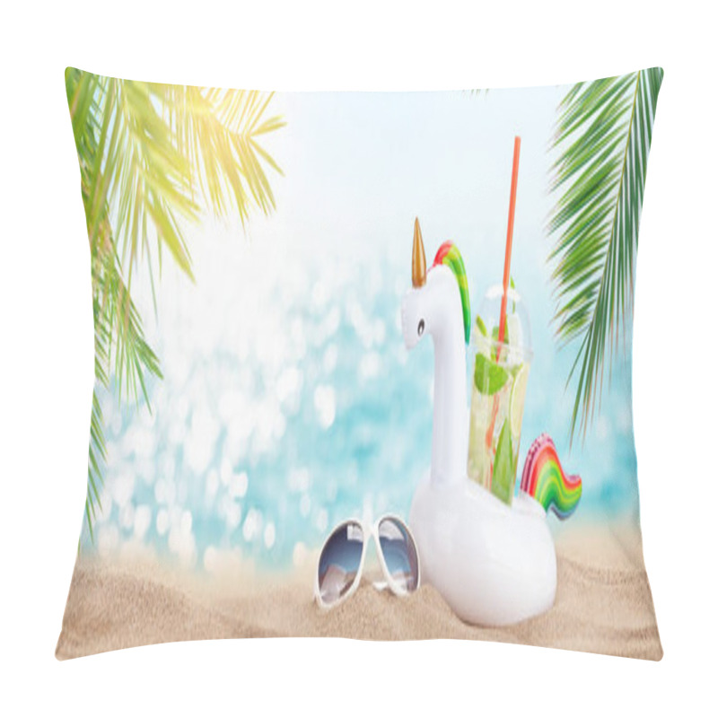 Personality  Fresh Cold Mojito Cocktail In Inflatable Unicorn Toy And Sunglasses On Tropical Beach With Palms And Bright Sand. Summer Sea Vacation And Travel Concept Pillow Covers