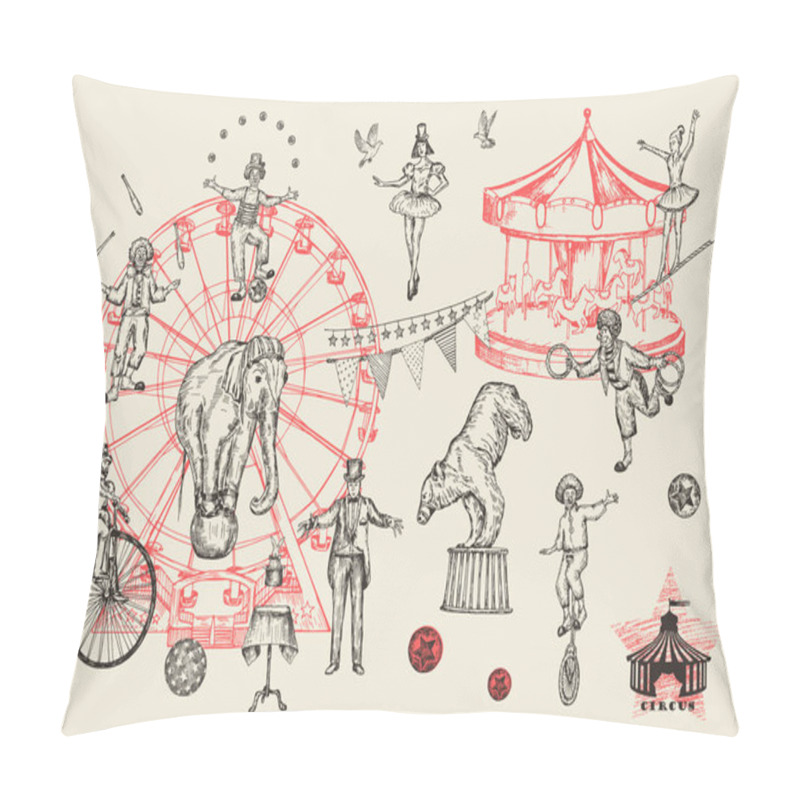 Personality  Retro Circus Performance Set Sketch Stile Vector Illustration. Hand Drawn Imitation. Human And Animals. Pillow Covers