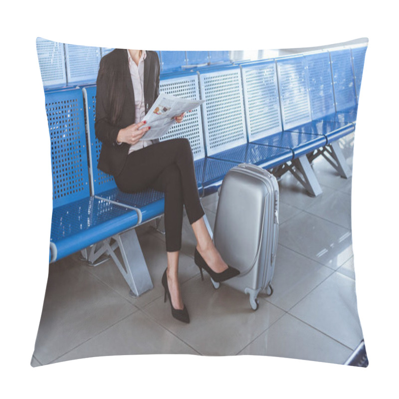 Personality  Young Businesswoman Sitting  At Departure Lounge In Airport And Reading Newspaper Pillow Covers