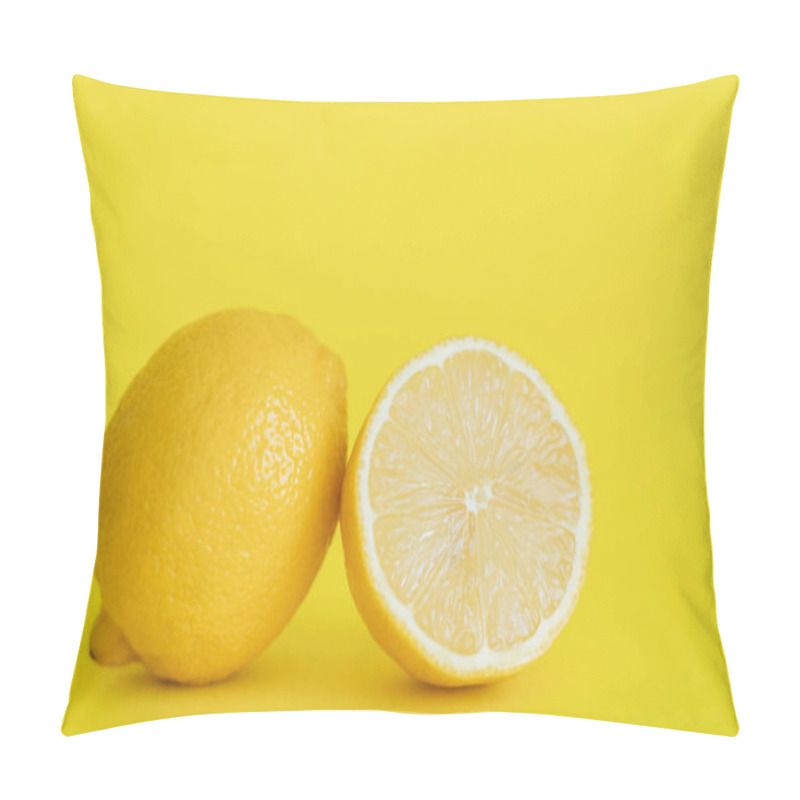 Personality  Close Up View Of Half And Whole Lemon On Yellow Background  Pillow Covers