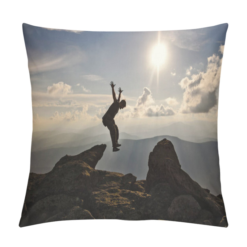 Personality  Hiker With Backpack Jumping Over Rocks  Sunset Sky On The Background Pillow Covers