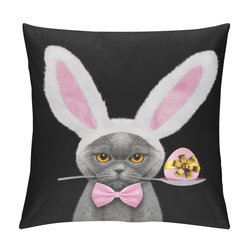 Personality  Pretty Cat With Rabbit Ears And Easter Egg. Isolated On Black Pillow Covers