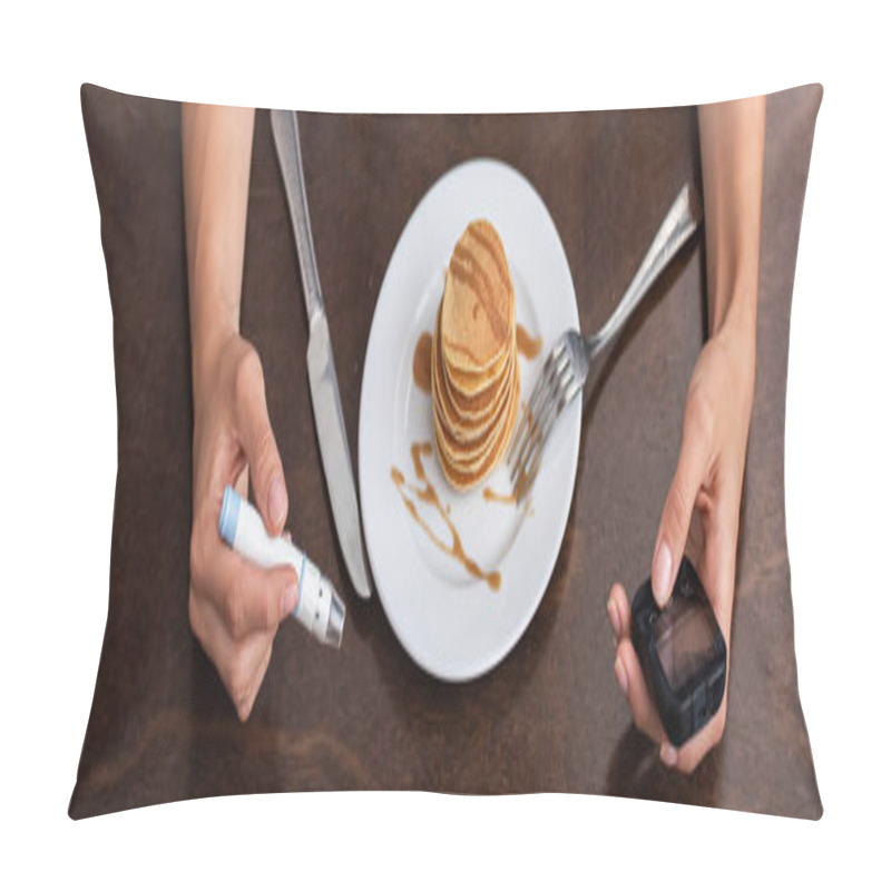 Personality  Panoramic Shot Of Woman Holding Blood Lancet And Glucose Monitor Near Plate With Tasty Pancakes  Pillow Covers