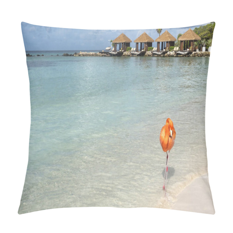 Personality  Wild Pink Flamingo On A Caribbean Beach With Cabanas In The Background Pillow Covers