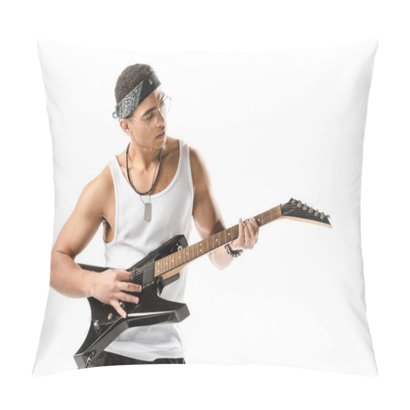 Personality  Focused Mixed Race Male Rock Musician Playing On Electric Guitar Isolated On White Pillow Covers