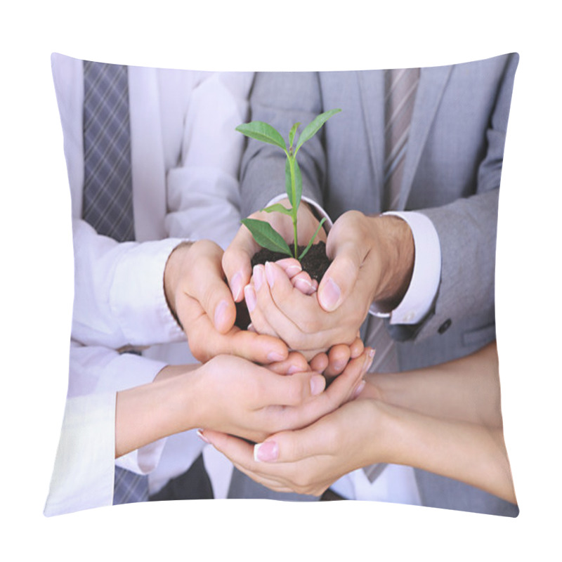 Personality  Business Team Holding Together Fresh Green Sprout Closeup Pillow Covers