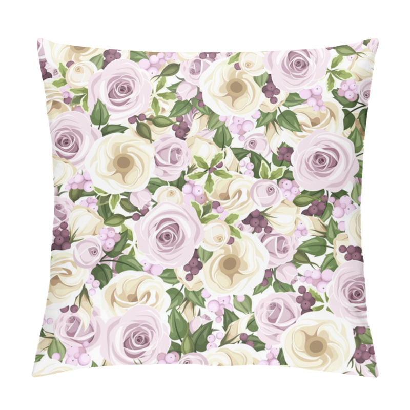 Personality  Seamless Background With Roses, Lisianthus Flowers, Berries And Leaves. Vector Illustration. Pillow Covers