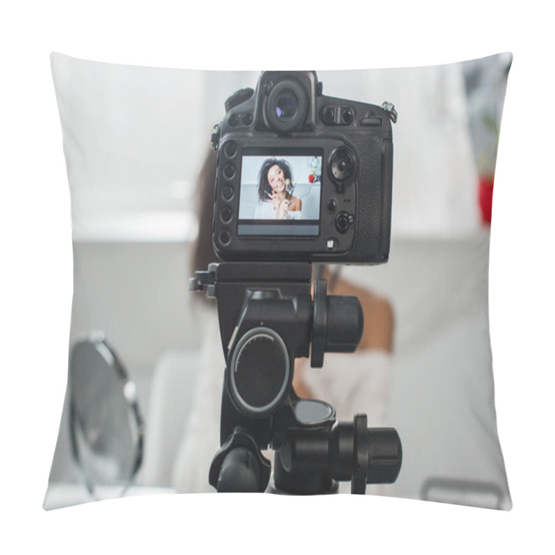 Personality  Selective Focus Of Digital Camera With Happy African American Video Blogger In Braces Holding Lip Glosses And Cosmetic Brushes On Display  Pillow Covers