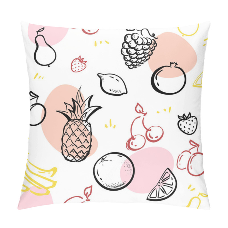 Personality  Doodle Fruits Isolated On White Blackboard Seamless Pattern Vector. Healthy Nutrition Sketch Illustration. Pineapple, Strawberries Oranges. Summer Fruits Illustration. Fruit Design Fabric Decor. Pillow Covers