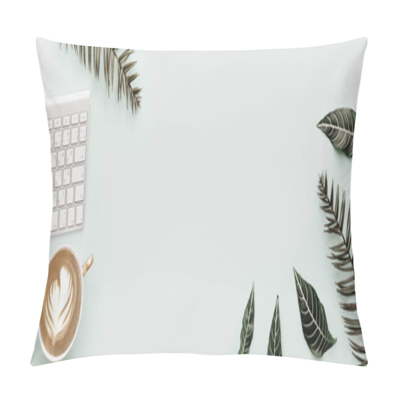 Personality  Flat Lay Banner, Simple Trendy Office Desk With Keyboard And Botanical Tropical Elements. Minimal Modern Hipster Composition Pillow Covers