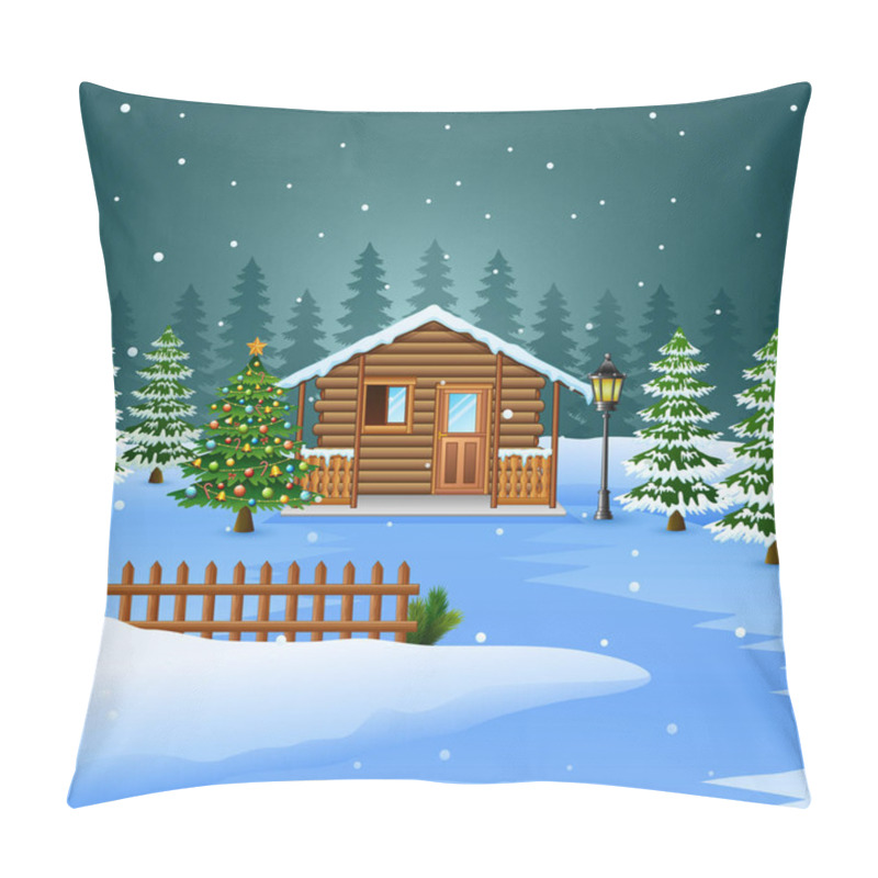 Personality  View Of Snowy Wooden House And Christmas Tree Decoration Pillow Covers