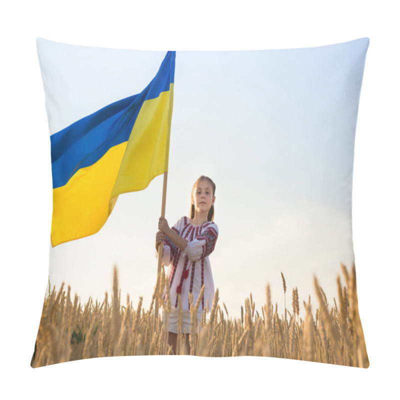 Personality  Girl In National Embroidered Ukrainian Blouse With Large Yellow-blue Flag Stands In Wheat Field At Sunset. Proud To Be Ukrainian, Symbol Of The Country, National Identity. Glory To Ukraine. Stop War Pillow Covers