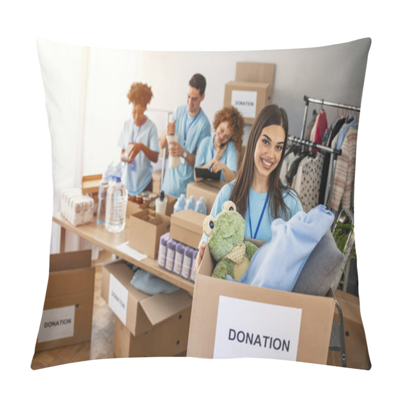 Personality  Small Group Of People Working On Humanitarian Aid Project. Cheerful Food Drive Manager. Confident Woman Volunteers As A Manager Of A Food And Clothing Drive In Her Community Or Church Pillow Covers