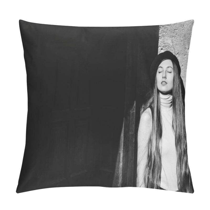 Personality  A Beautiful Girl Closed Her Eyes And Stands Near The Entrance To Pillow Covers