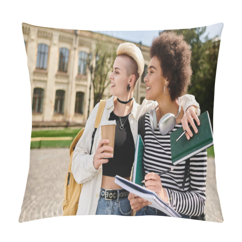 Personality  A Multicultural Lesbian Couple In Stylish Attire Stands Confidently In Front Of A Historic Building On A University Campus. Pillow Covers