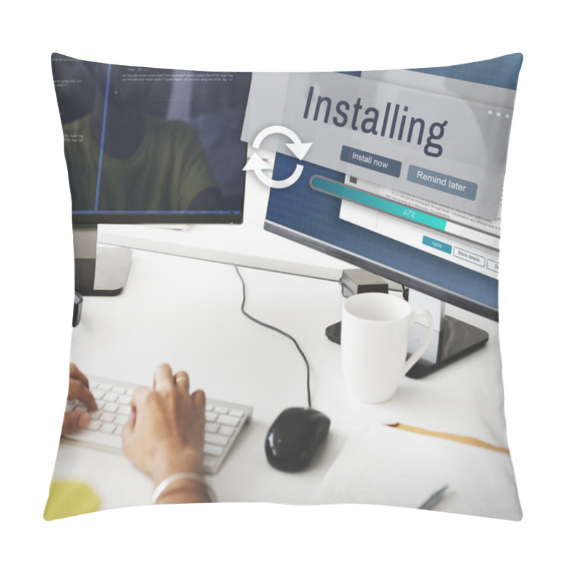 Personality  Businessman Working On Computer With Installing Pillow Covers