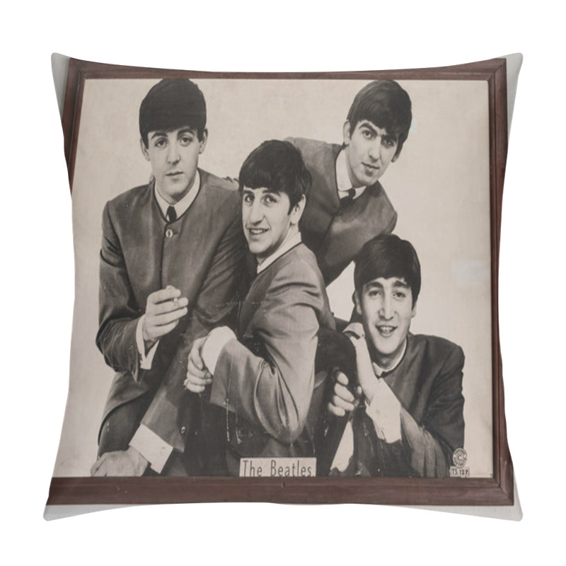 Personality  Vintage Photo Portrait Of The Beatles Musical Band Group. Old Textured Vintage Black And White Photograph 1960s-70s. The Beatles' Photo On The Wall Of Restaurant Phuket Thailand-July 24,2024-Editorial Pillow Covers