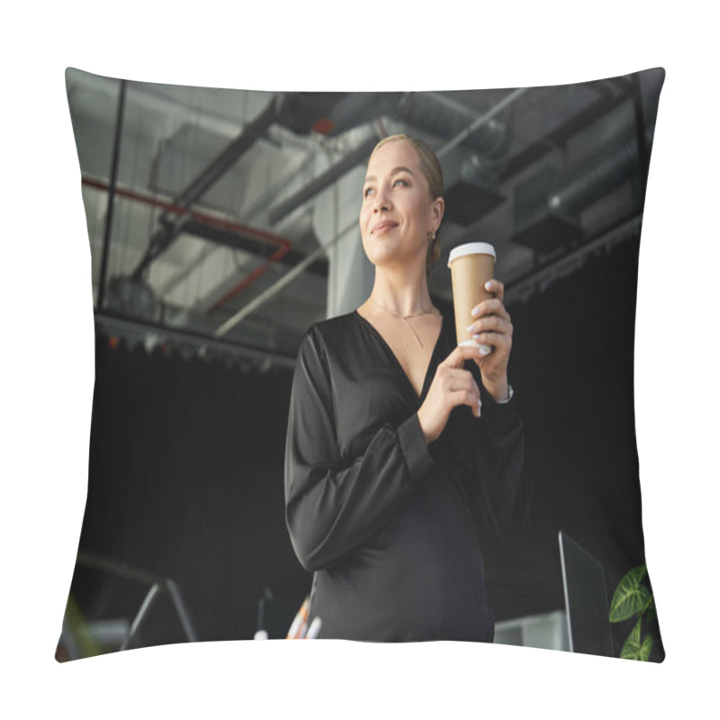 Personality  A Plus Size Woman Stands Confidently In An Office, Sipping Coffee As She Focuses On Her Tasks. Pillow Covers