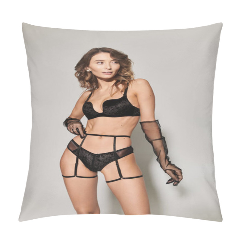 Personality  Elegant Young Woman In Chic Black Lingerie Showcasing Modern Fashion Trends In A Stylish Setting. Pillow Covers