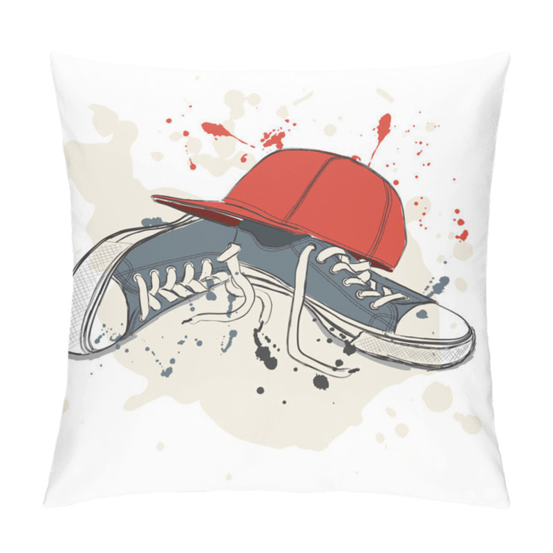 Personality  Drawing Vector Illustration With Sneakers And Baseball Cap Pillow Covers