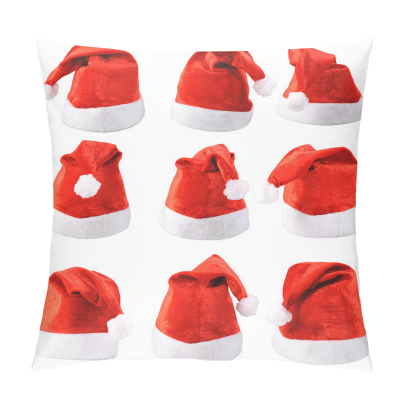 Personality  Set Of Red Santa Claus Hats Isolated On White Background Pillow Covers