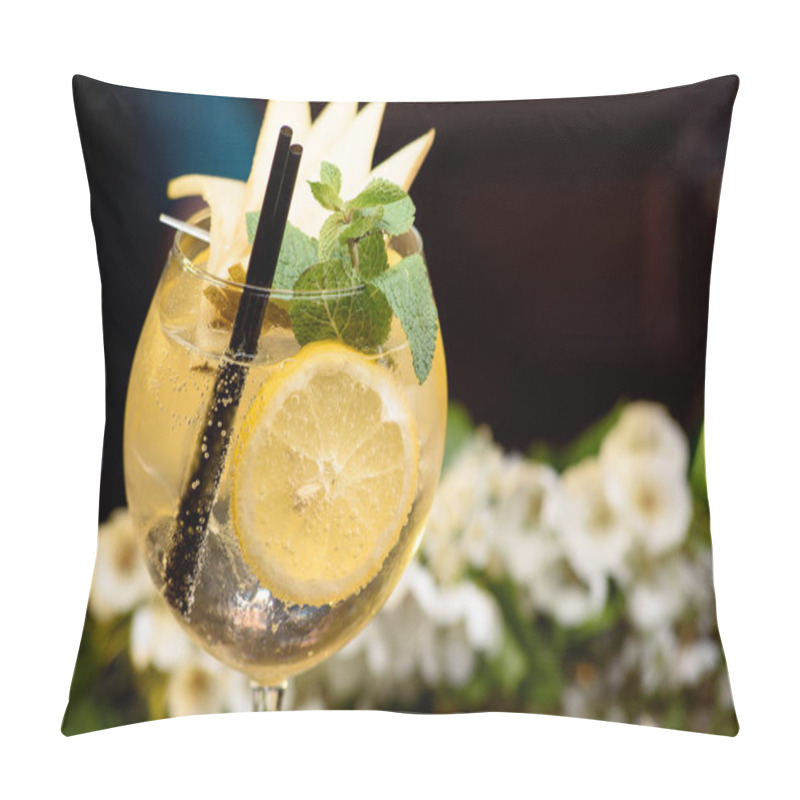 Personality  Summer Cocktail Decorated With Mint, Lemon And Slices Pears On A Wooden Table On A Floral Background Pillow Covers