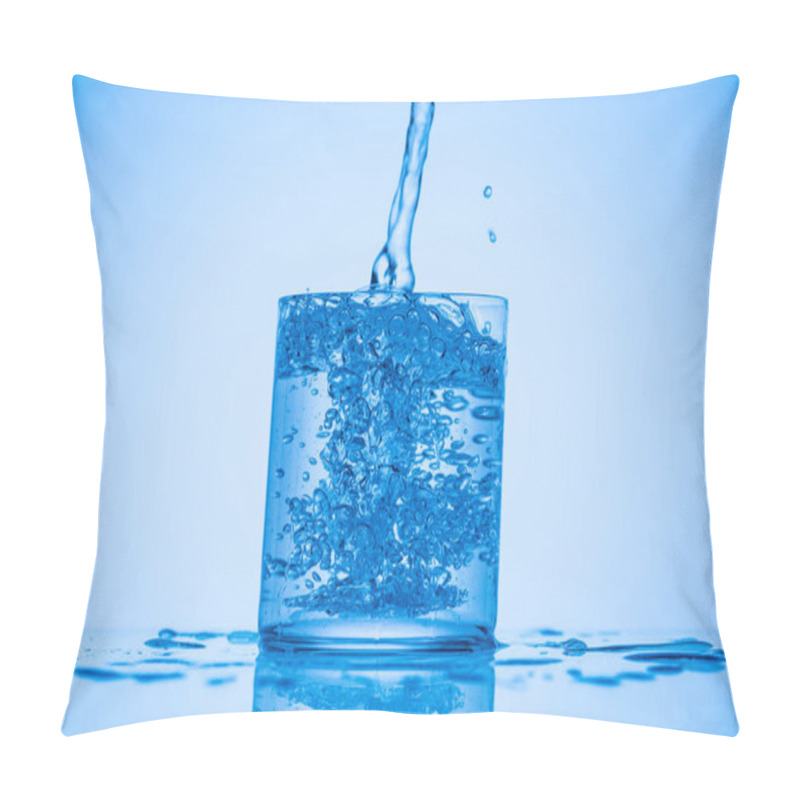 Personality  Toned Image Of Water Pouring In Full Glass On Blue Background With Splashes Pillow Covers