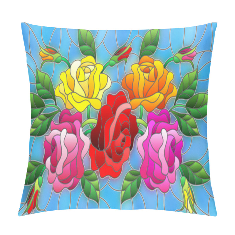 Personality  Illustration In Stained Glass Style With Flowers, Buds And Leaves Of  Roses On A Blue Background  Pillow Covers