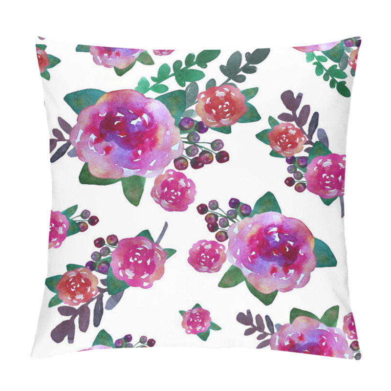 Personality  Romantic Floral Seamless Pattern With Rose Flowers And Leaf. Print For Textile Wallpaper Endless. Hand-drawn Watercolor Elements. Beauty Bouquets. Pink, Red. Green On White Background. Pillow Covers