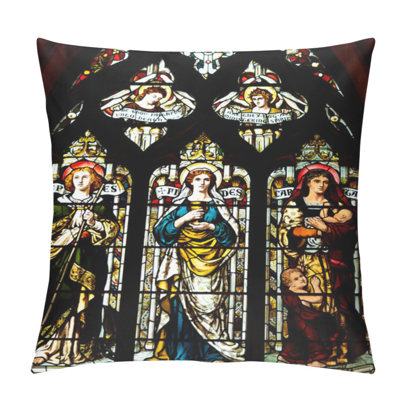 Personality  Edinburgh, Scotland - Nov 20, 2017: Stained Glass Of Edinburgh Cathedral, Stained-glass Window With Virtues First Part Pillow Covers