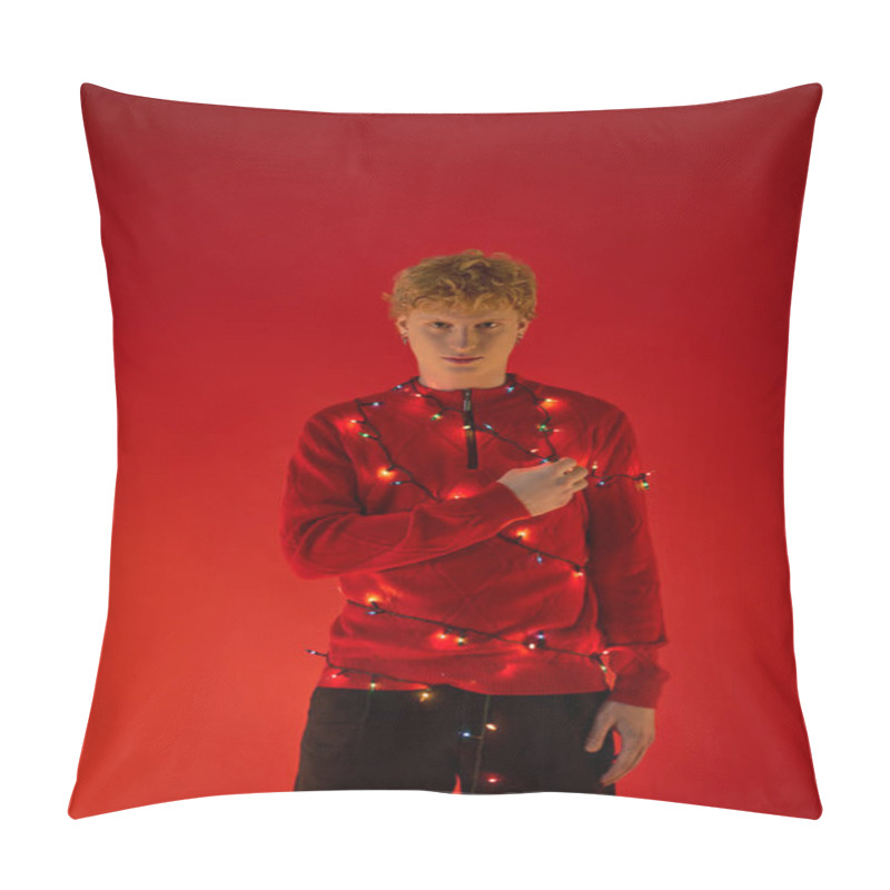 Personality  A Young Man Showcases His Unique Sense Of Style This Holiday Season By Wearing Festive Red Attire Adorned With Colorful Christmas Lights. Pillow Covers