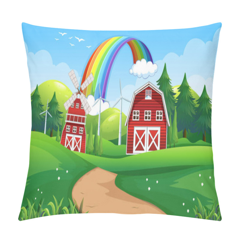 Personality  Farm Landscape Scene With Barn And Windmill Illustration Pillow Covers