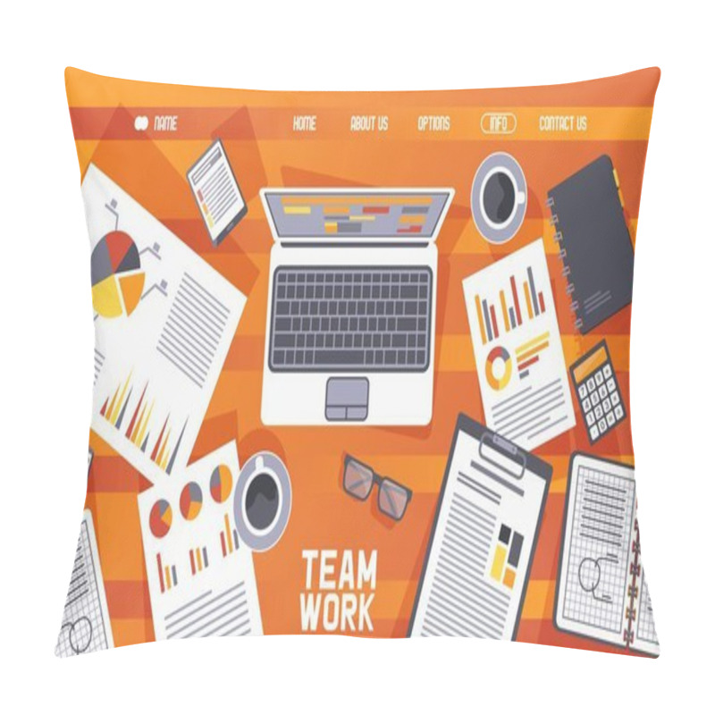 Personality  Webpage Teamwork Wooden Table Elements Vector Illustration. Internet Site About Work Planning, Time Allocation. Coffee, Laptop Pillow Covers