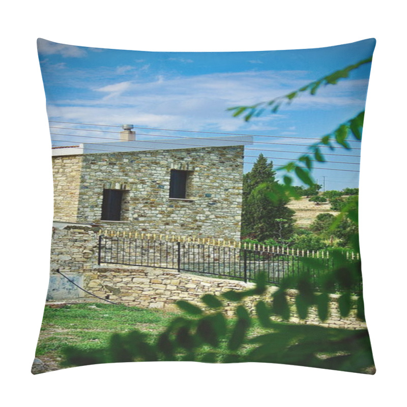 Personality  A Charming Stone House In The Traditional Village Of Lefkara, Cyprus, Surrounded By Greenery And Framed By Tree Leaves. The Rustic Architecture And Serene Countryside Setting Capture The Essence Of Mediterranean Heritage And Rural Tranquility. Pillow Covers