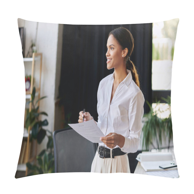 Personality  A Confident Young Woman In A White Shirt Actively Strategizes In A Modern Office Setting. Pillow Covers