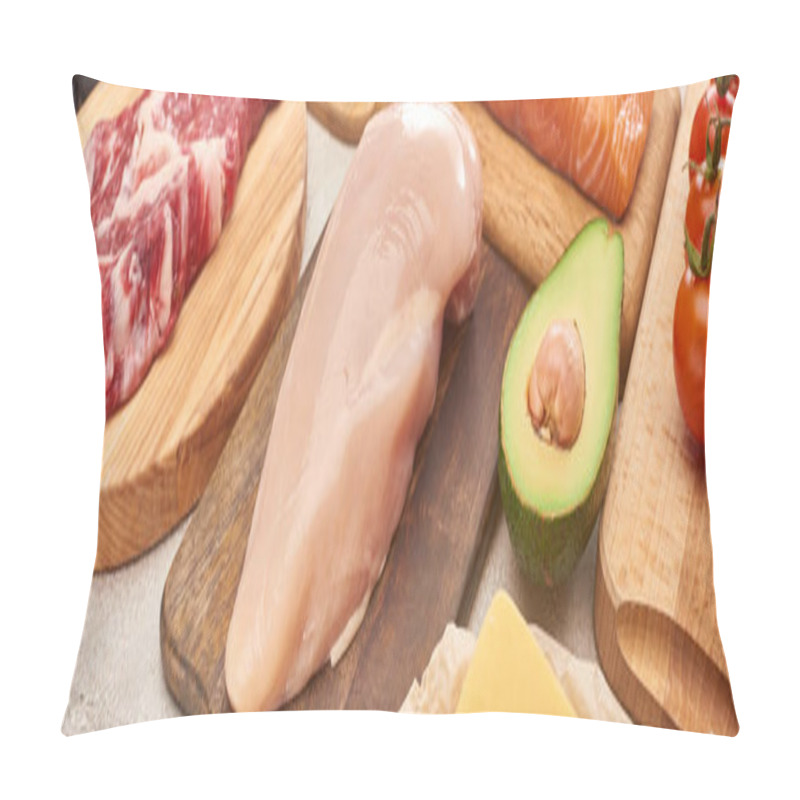 Personality  Panoramic Shot Of Wooden Cutting Boards With Raw Meat And Poultry Fillet Near Avocado Half And Tomatoes Pillow Covers