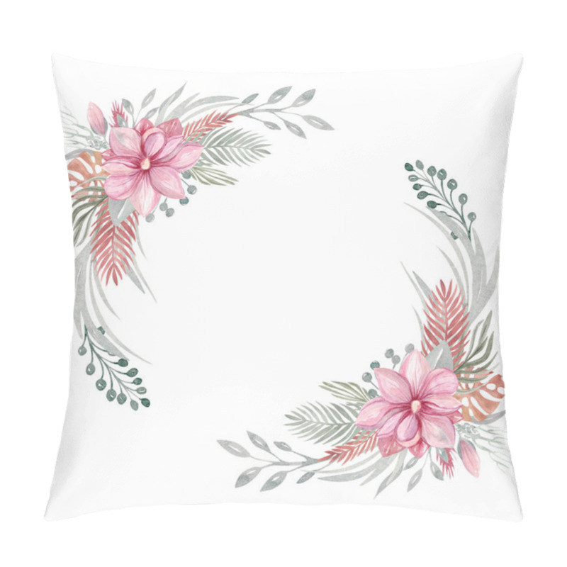 Personality  Watercolor Floral Boho Frame Autumn Dried Flowers And Branches. Pink Flowers Of Magnolia Leaves, Tropical Leaves, The Branch Of Eucalyptus. Botanical Elements Pillow Covers