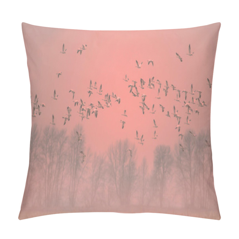 Personality  Snow Geese Flock In Flight Over Field In Foggy Pink Orange Sunset Light Pillow Covers