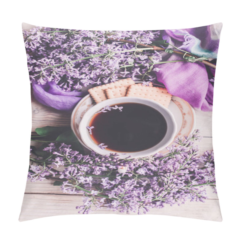 Personality  Morning Cup Of Tee, Cookies, And Lilac Flower On Wooden Table From Above. Beautiful Breakfast. Flat Lay Style With Copy Space Pillow Covers