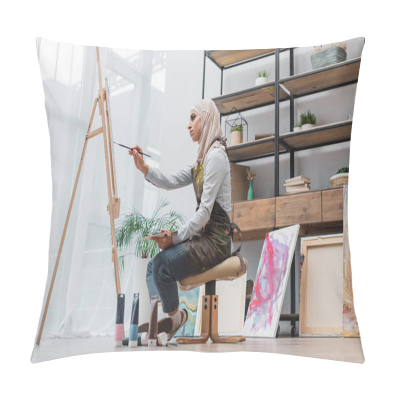 Personality  Side View Of Muslim Woman Drawing On Easel In Home Studio Pillow Covers