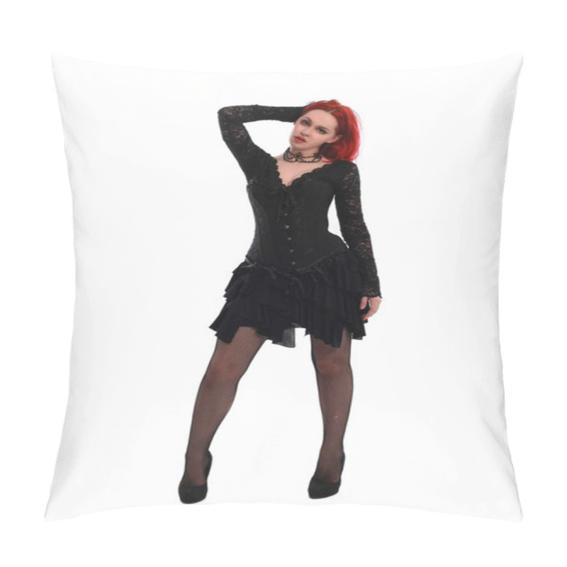 Personality  Full Length Portrait Of A  Red Haired Girl Wearing A  Black Gothic Gown, Standing Pose On A Grey Studio Background. Pillow Covers