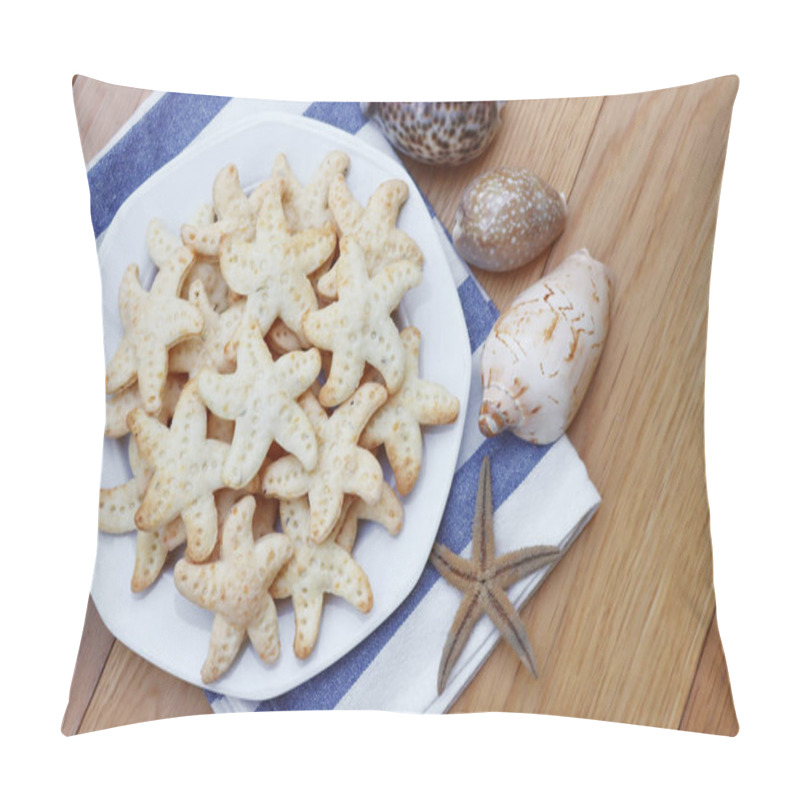 Personality  Salty Cheese Cookies In Shape Of A Starfish On A Plate On Wooden Table Pillow Covers