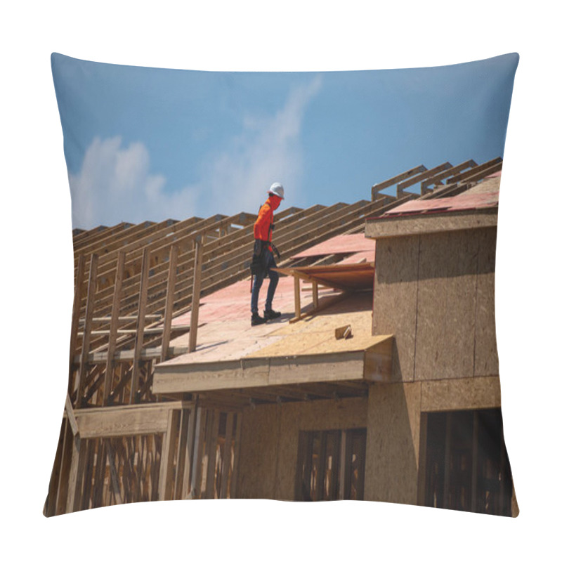 Personality  House Roof. Roofing Construction. Roofer Using Air Nail. Roofing Tiles Of The New Roof Under Construction Building. Repairing Building Roof. Repair Roofs, Install Roofing, Renovate House. Frames Roof Pillow Covers