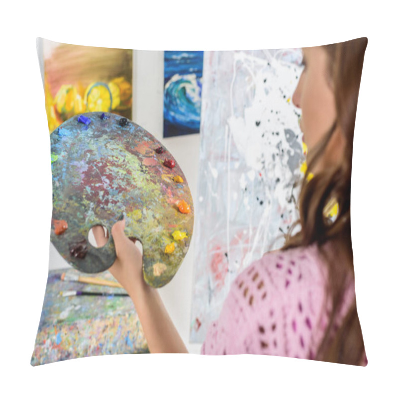 Personality  Beautiful Female Artist Holding Palette With Paints In Workshop Pillow Covers