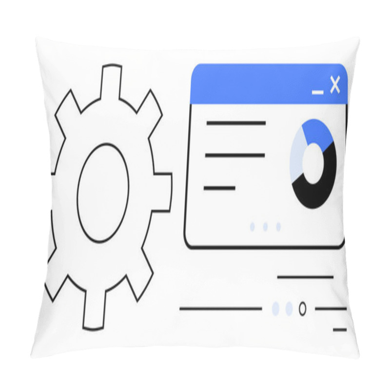 Personality  Gear Symbol Next To A Dashboard Window Containing A Pie Chart And Text Lines. Ideal For Data Analysis, System Settings, Technical Support, Workflow Optimization, Analytics, Tech Interfaces Pillow Covers