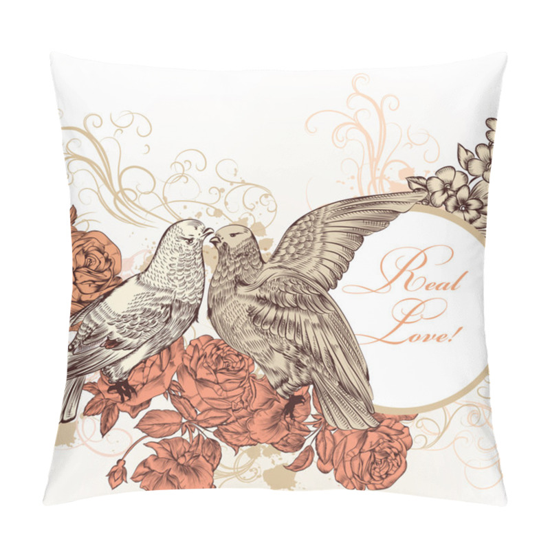 Personality  Grunge Vector Card On Valentine's Day With Couple Of Doves And R Pillow Covers