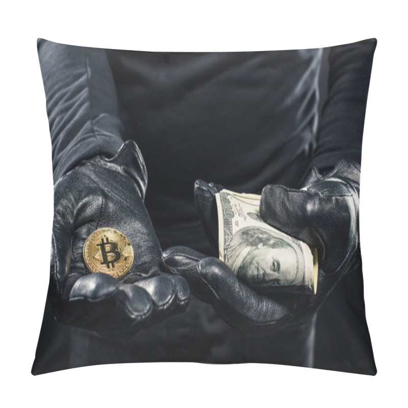 Personality  Close-up View Of Dollars And Bitcoin In Hands Of Thief Pillow Covers